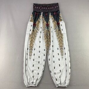 Womens Hippie Harem Pants Large White Boho Paisley Smocked Waist Jogger Pocket